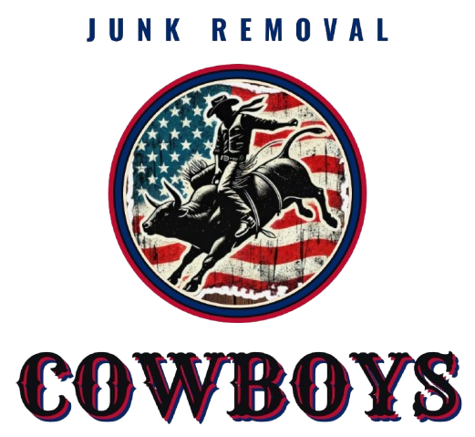 Logo with a cowboy riding a bull in front of an American flag background, with the text "Junk Removal Cowboys" above and below the image.