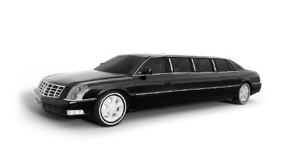 Black stretch limousine with tinted windows and shiny chrome wheels on a white background.