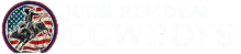 Logo for Junk Removal Cowboys featuring a cowboy riding a bucking horse over an American flag background, with the business name in bold white lettering.