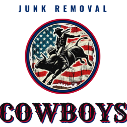 Logo for "Junk Removal Cowboys" featuring a cowboy riding a bull in front of a stylised American flag background.